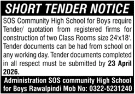 Construction of two Class Rooms size 24'x18' - SOS Community High School for Boys